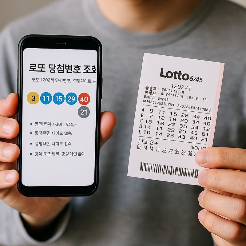 스마트폰과 로또 용지를 보며 로또 당첨번호 조회를 확인하는 사람 모습