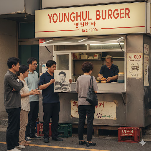 영철버거 가게 앞에서 1000원짜리 버거를 준비하는 이영철 씨를 추억하는 사람들